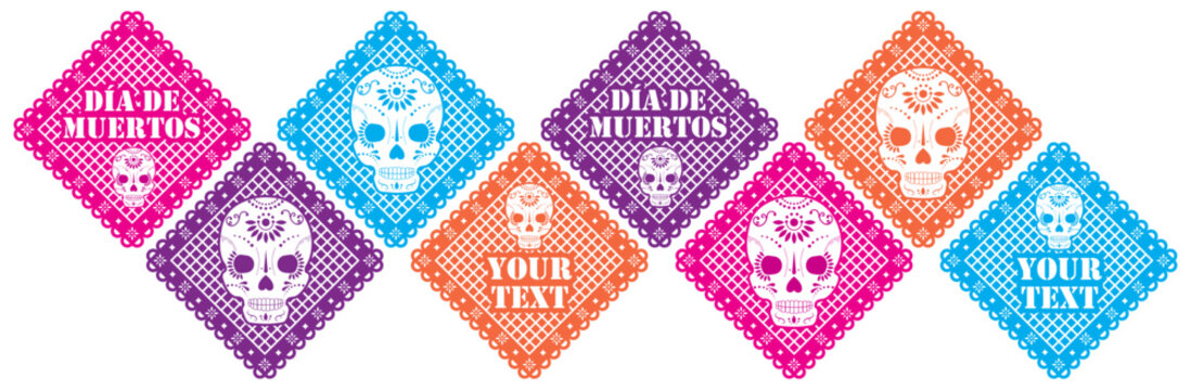 Papel picado en forma de rombo del d&iacute;a de muertos, con cr&aacute;neos, donde puedes poner tu propio texto	