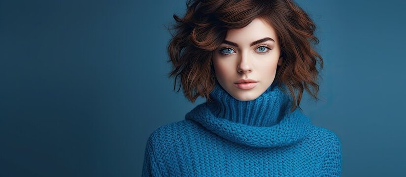 Stylish woman in trendy blue turtleneck Studio photo