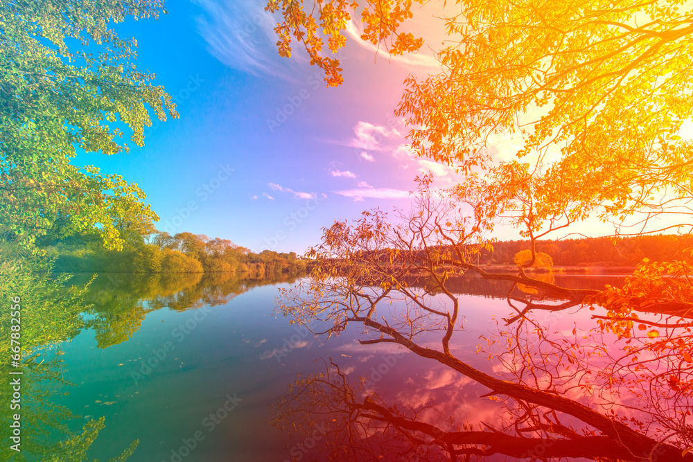 Poster autumnal landscape in bright colors