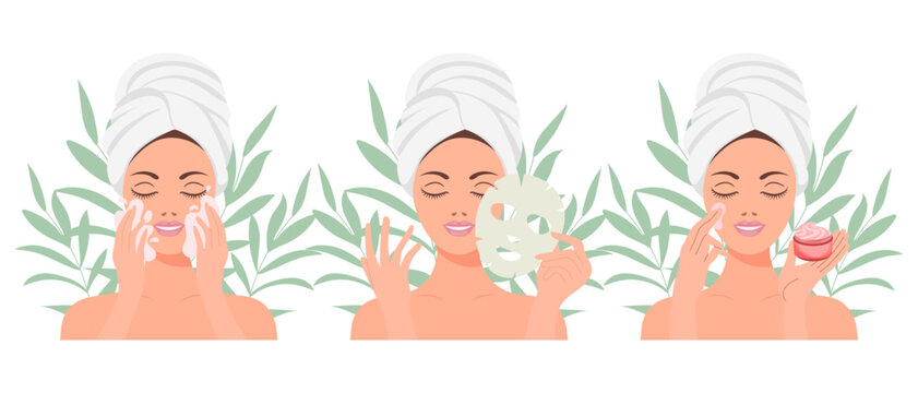 Facial skin care. A woman takes care of her skin. Cosmetic masks, patches, cream, lotion, soap, face mousse. Clip art set, vector