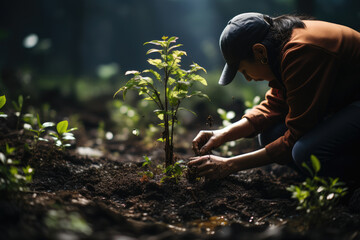 A person planting a tree with a group of volunteers from various nations, highlighting environmental conservation and global cooperation. Generative Ai.