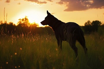 Silhouette of canine in sunset meadow. Generative AI