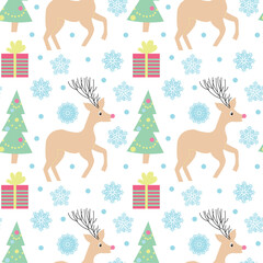 Christmas tree with deer and gifts. Seamless pattern. Vector illustration.