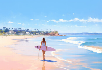 Fototapeta na wymiar A painting of a girl standing on a beach with a surf board.