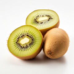 Fototapeta premium Three kiwis cut in half on a white surface. Photorealistic, on white background