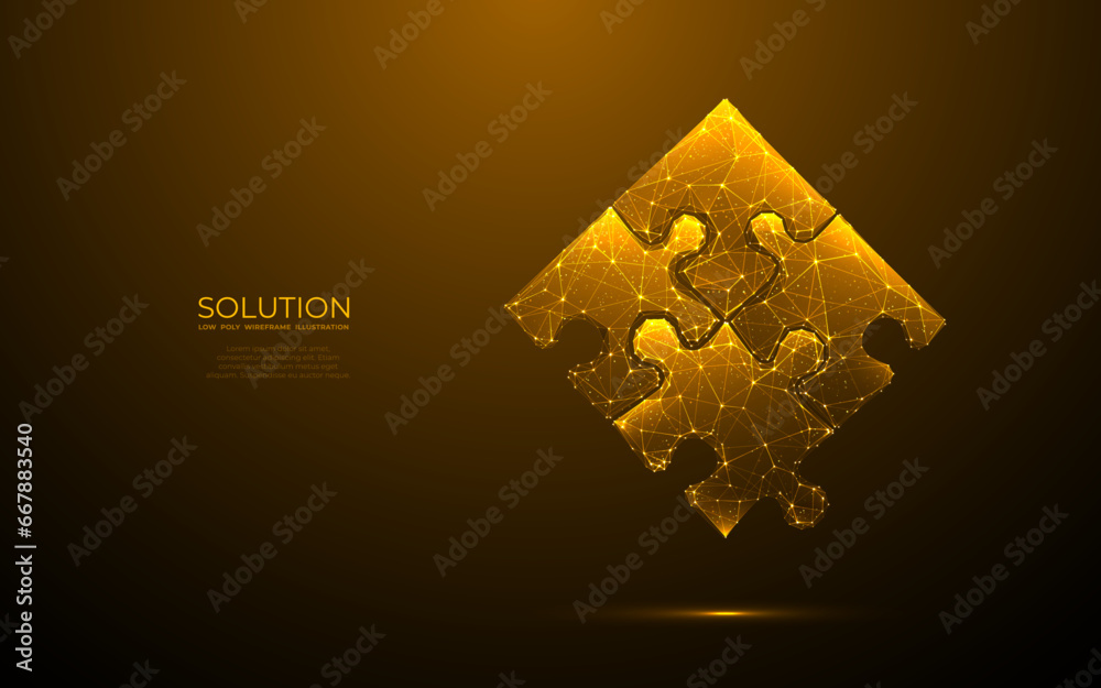 Aufkleber Abstract puzzle pieces. Digital jigsaw icon. Teamwork and business solution concept. Low poly wireframe vector illustration in futuristic style with golden glitter. 