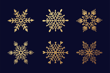 Set of gold snowflakes. Winter holiday decor elements for greeting card, print, banner. Linear snowflake icon set. Flat style vector illustration. Set of snowflakes in thin line style