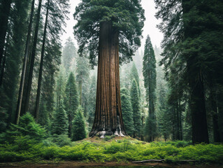 A towering sequoia tree stands proudly in the midst of a lush and dense forest.