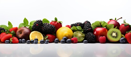 Panoramic white background image of fruits and vegetables