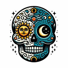 skull with sun and moon decoration.  day of the dead