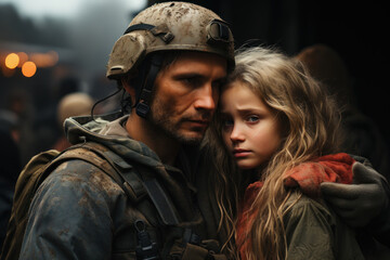 Fototapeta premium The agony of separation, with loved ones bidding farewell to departing troops. Concept of the emotional toll on families. Generative Ai.