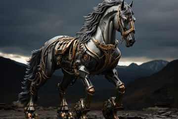 Obraz premium A warhorse standing tall, a symbol of courage and strength. Concept of war animals. Generative Ai.