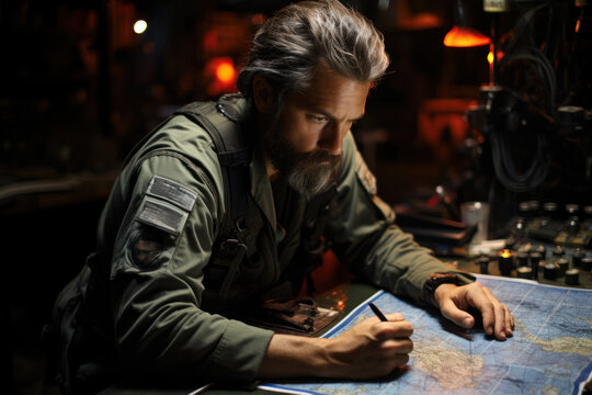 A war strategist huddled over maps and plans, orchestrating tactical moves. Concept of military planning. Generative Ai. - Powered by Adobe