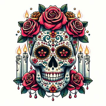 skull with tattoo and flower decoration.  day of the dead
