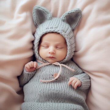 Newborn baby wearing a grey knitted cat outfit. AI generated picture