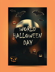 Halloween spooky background, scary pumpkins scene. Scary graveyard in creepy forest in october dark night autumn gloomy creepy graveyard with fog and lights. Happy Halloween outdoor backdrop concept.