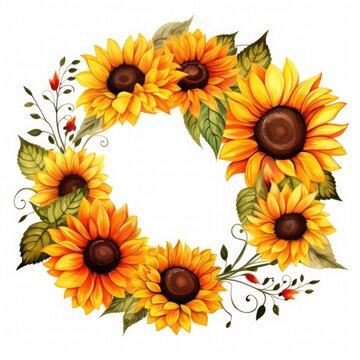 Create a stunning symmetrical arrangement with floral sunflowers and leaves in a flowerpunk style, perfect for framing your designs or photos