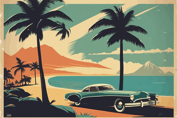 vintage car with a palm tree on the road.vintage car with a palm tree on the road.vintage car and tropical trees on the beach.
