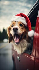 Funny portrait of cute smilling puppy dog border collie in santa hat sitting in car at christmas...