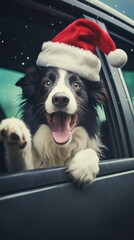 Funny portrait of cute smilling puppy dog border collie in santa hat sitting in car at christmas time
