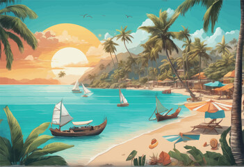 Fototapeta na wymiar 3d rendering of tropical beach with sunset and sea3 d rendering of tropical beach with sunset and sea tropical island beach, palm tree leaves