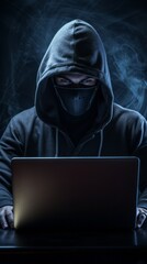 Hooded hacker stealing information from a laptop. Dark background - obrazy, fototapety, plakaty