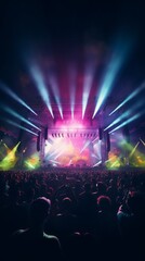 Concert crowd in front of a bright stage with lights and smoke