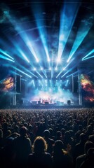 Concert crowd in front of a bright stage with lights and smoke