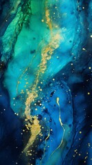 Marbled blue abstract background with golden sequins. Liquid marble ink pattern