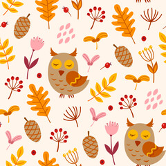 Seamless pattern with cute owl and falling leaves. - 667884736