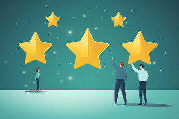 Customer Review good rating concept art illustration, people looking at stars in vector art concept, positive customer feedback, testimonial template, shining stars in the sky, five star vector design - obrazy, fototapety, plakaty