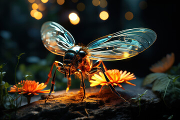 Naklejka premium A shimmering firefly emitting a soft glow in the evening, creating a magical atmosphere in the garden. Generative Ai.