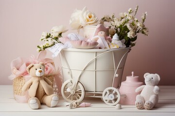 Decorative arrangement of baby items. Generative AI