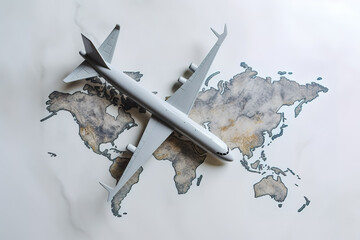 Model passenger airliner on a grey and white background. - obrazy, fototapety, plakaty