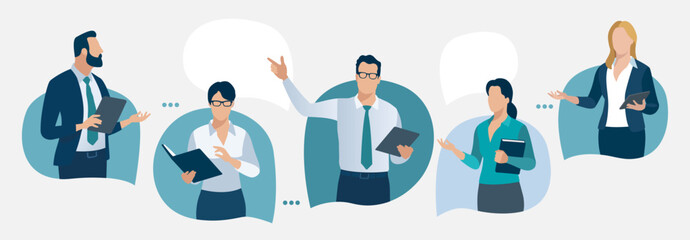 Discussion. Communication concept. Business people talking standing in the speech bubbles. Vector illustration.  - obrazy, fototapety, plakaty