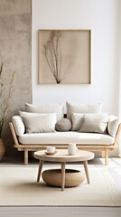 Interior of modern living room with white sofa and wooden coffee table