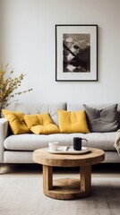 Modern living room interior with sofa, coffee cup and picture frame on wall
