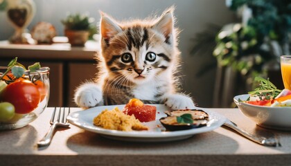 cute cat sitting at table with a plate of food