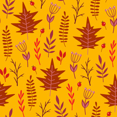Seamless pattern with flowers and falling leaves. - 667885150