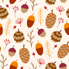 Seamless pattern with acorn and pine cone. - 667885199