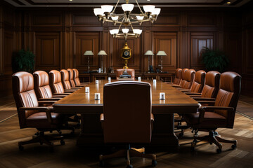 An empty conference room, symbolizing the neutral ground where mediation takes place. Generative Ai.