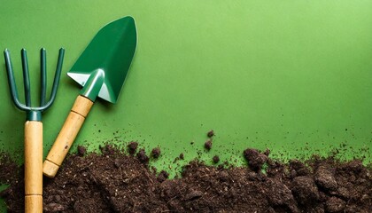 garden shovel with dirt on green background