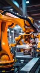 Smart robot arm system for digital factory production. Concept of artificial intelligence for industrial revolution