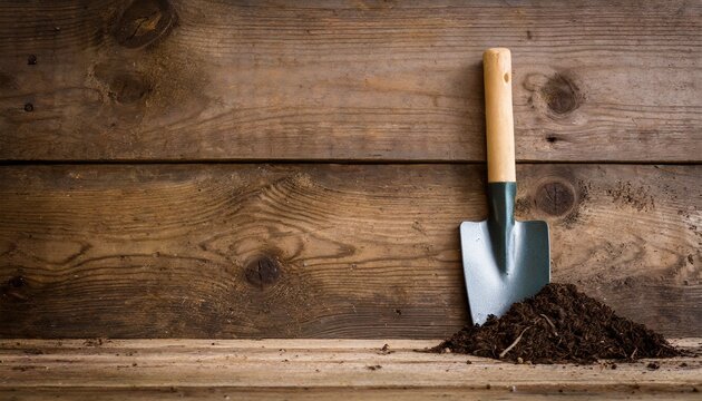 garden shovel with dirt on wood floor