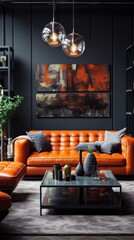 Modern living room interior design with orange leather sofa and coffee table