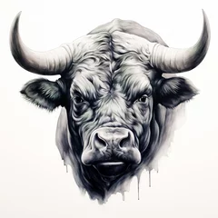 Gordijnen Full face a bull head silhouette against white background. © leo_nik