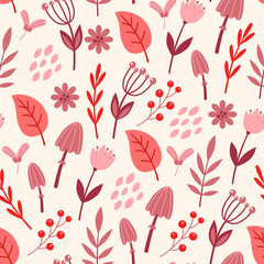 Autumn seamless pattern with flowers and leaves - 667885769