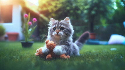 Playful kitten in the garden, AI generated illustration, realistic