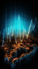 Financial stock market graph and candlestick chart on night city background