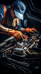 Fototapeta premium Car mechanic working in auto repair service. Car mechanic working in auto repair shop.